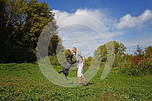 Man is playing with dog