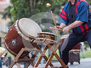 Man Playing Drums of Japanese Musical Tradition during a Public Outdoor Event