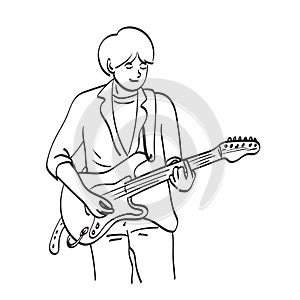 Man playing electric guitar illustration vector hand drawn isolated on white background line art