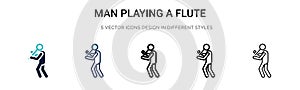 Man playing a flute icon in filled, thin line, outline and stroke style. Vector illustration of two colored and black man playing