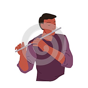 Man playing flute, male flutist holding musical instrument to blow and play classic music