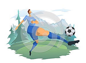 A man playing football on the background of a mountain landscape. A football player kicks the ball. Outdoor activities