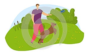 Man playing frisbee with dog in park, sunny day. Pet owner and happy dog enjoying game outdoor. Leisure time with pet