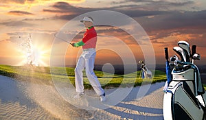 Man playing golf against sunset