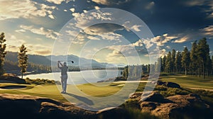 Man playing golf in the golden hour at a golf course, AI-generated.