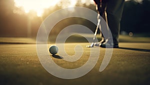 Man playing golf on grass at sunset generated by AI