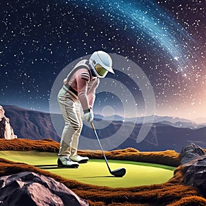 Man Playing Golf on Green Field. Generative AI