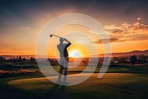 Man Playing Golf Sports In Front Of Beautiful Sunset Backdrop - Generative AI