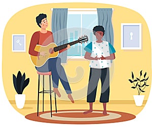 Man playing guitar. African american female character listening to her male friend singing