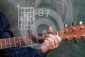 Man playing guitar chords displayed on a blackboard, Chord B7