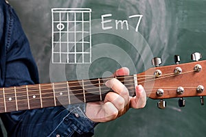 Man playing guitar chords displayed on a blackboard, Chord Em7