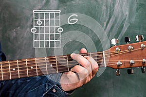 Man playing guitar chords displayed on a blackboard, Chord G