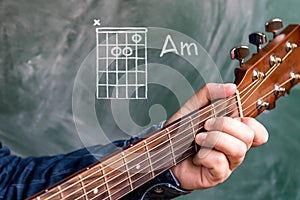 Man playing guitar chords displayed on a blackboard, Chord A minor