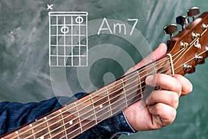 Man playing guitar chords displayed on a blackboard, Chord A minor 7