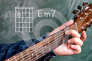 Man playing guitar chords displayed on a blackboard, Chord A minor 7