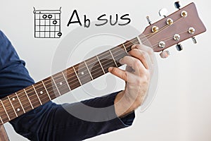 Man playing guitar chords displayed on a Whiteboard, Chord A flat sus Ab sus