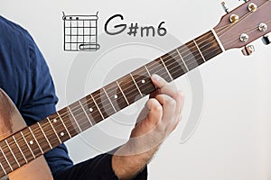 Man playing guitar chords displayed on Whiteboard, Chord G sharp minor G m