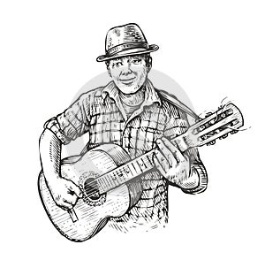 Man playing guitar. Country music in sketch vintage style