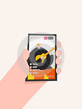 A man playing guitar live show social network on smartphone to make a content for follower, illustration vector