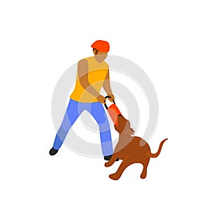 Man playing with his dog tugging game isolated vector photo