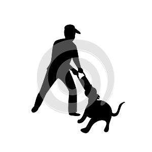 Man playing with his dog tugging game silhouette isolated vector illustration