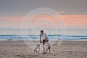 Man playing with his dogs at Woolacombe beach