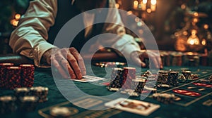 Man playing poker in casino. Close up of male hands with cards and chips