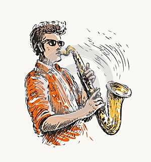 Man playing saxophone. Solo melodic performance vector illustration