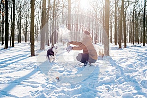 Man playing with siberian husky dog in snowy park