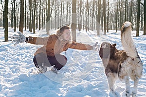 Man playing with siberian husky dog in snowy park