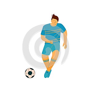 Man Playing Soccer, Male Soccer Footballer Character in Blue Sports Uniform Vector Illustration