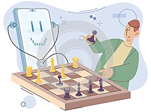 Man playing strategic game chess online with smartphone. Young guy sitting at table with chessboard