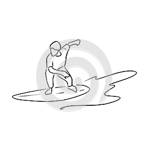 man playing surfboard on the wave vector illustration sketch doodle hand drawn with black lines isolated on white background