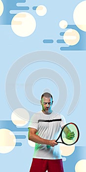 Man playing tennis isolated on blue geometric styled studio background in neon light, vertical flyer