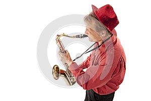 Man playing tenor saxophone from above