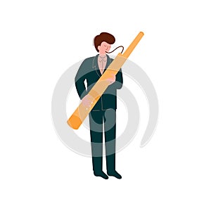 Man Playing Traditional Bassoon, Musician Playing Woodwind Instrument Vector Illustration