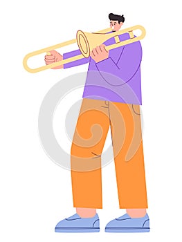 Man playing trumpet music instrument brass bugle alone drawing flat colorful illustration young performance cartoon