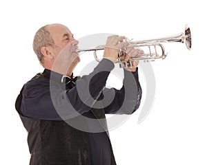 Man playing trumpet on a white