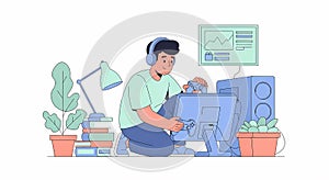 Man Playing Video Game with Controller on Computer Setup at Home