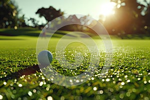 A man plays golf under sunlight on the green with a golf ball