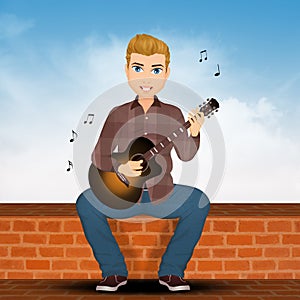 Man plays guitar sitting on the wall