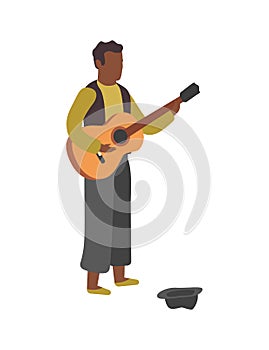 Man plays guitar on street. Busker performance, boy stands with hat and play melody, earn money, entertainment concept