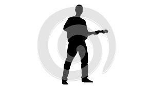 Man plays the lyric song on the guitar and sings. Silhouette. White background