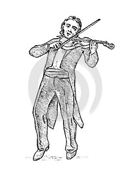 Man plays the violin. Musician with a classic instrument. Performance with a symphony orchestra. Vintage style music