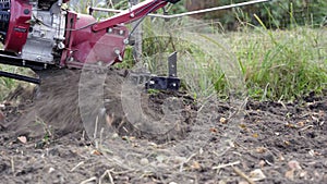 The man plows land with motor cultivator. Agriculture