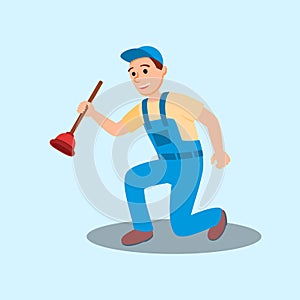 Man Plumber Cartoon Character Holding Plunger Tool