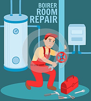 Man Plumber Repair Valve Boiler Room Illustration