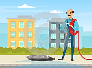 Man Plumber Wearing Blue Overall Holding Hosepipe Standing Near Manhole Engaged in Fixing Tubes and Pipe Lines Vector