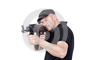 Man pointing AK-47 machine gun, isolated