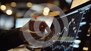A man is pointing at a computer screen with a graph on it